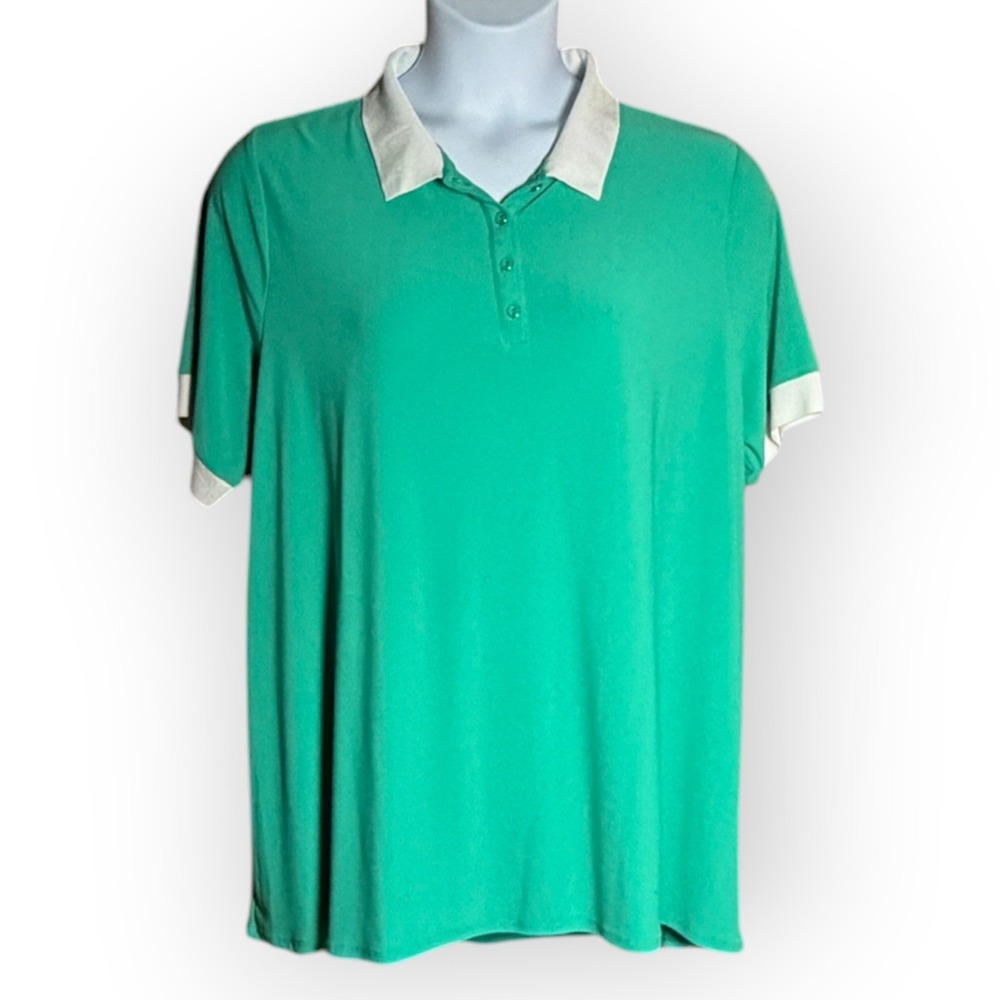 Susan Graver Womens Green Short Sleeve Polo Golf Shirt White Liquid Knit 1X